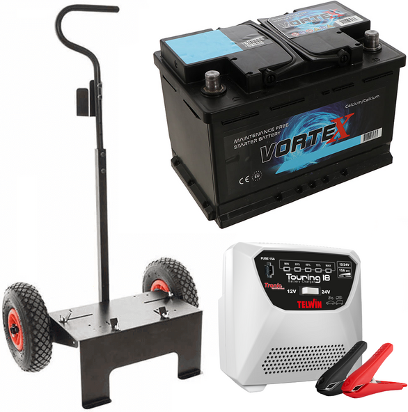 T.O. Set completo: carrello Volpi + batteria 100 ah + caricabatteria Telwin Touring 18