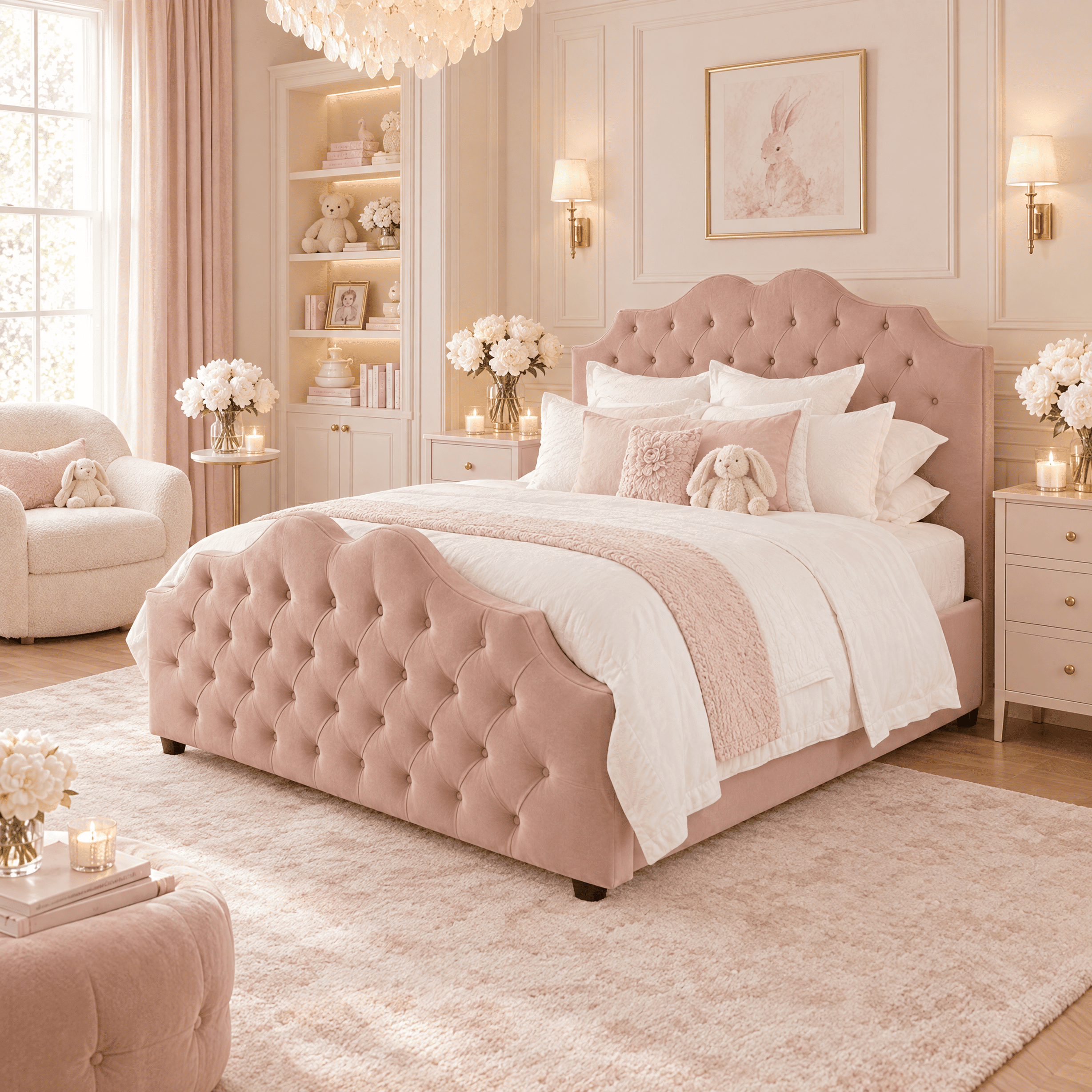 Belvoir Pink Velvet Luxury Curved Velvet Bed, Double / No Storage