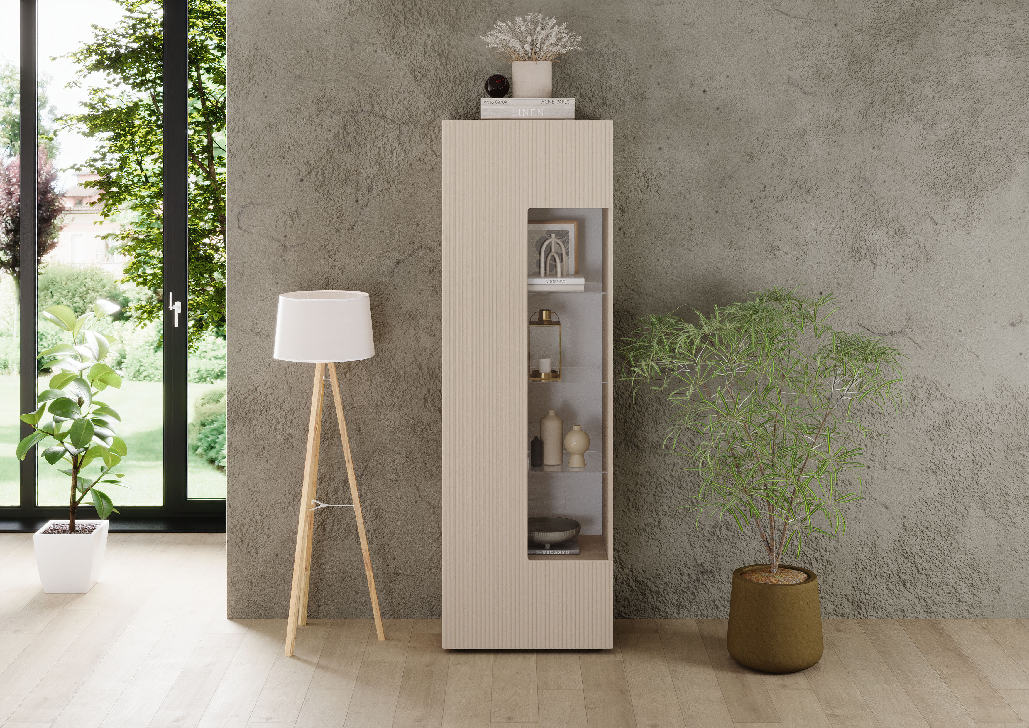 Vitrine HOME AFFAIRE "RIO, Höhe 187 cm, Hochschrank mit 1 Tür, Anrichte, Standvitrine", beige (cashmere, front mit geriffelter struktur), B:60cm H:187cm T:42cm, FSC-zertifizierter Holzwerkstoff, Schränke, Vitrine, Vitrinenschrank, geriffelte MDF-Front, mo
