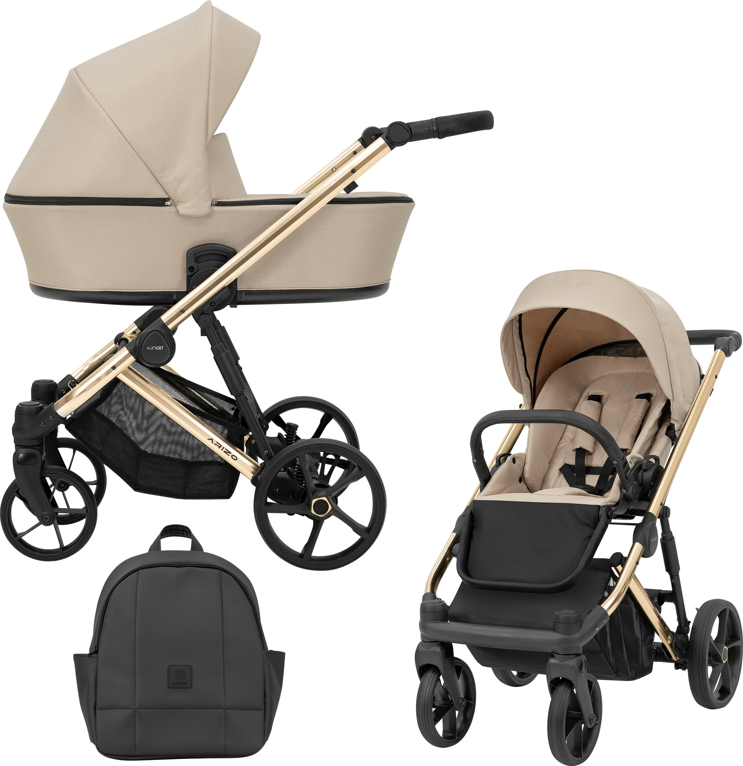 Kinderwagen ARIZO Sportwagen Babywagen Babyschale Komplettset Kinder Wagen Set 2 in 1 (Cream, Rahmenfarbe: Gold)
