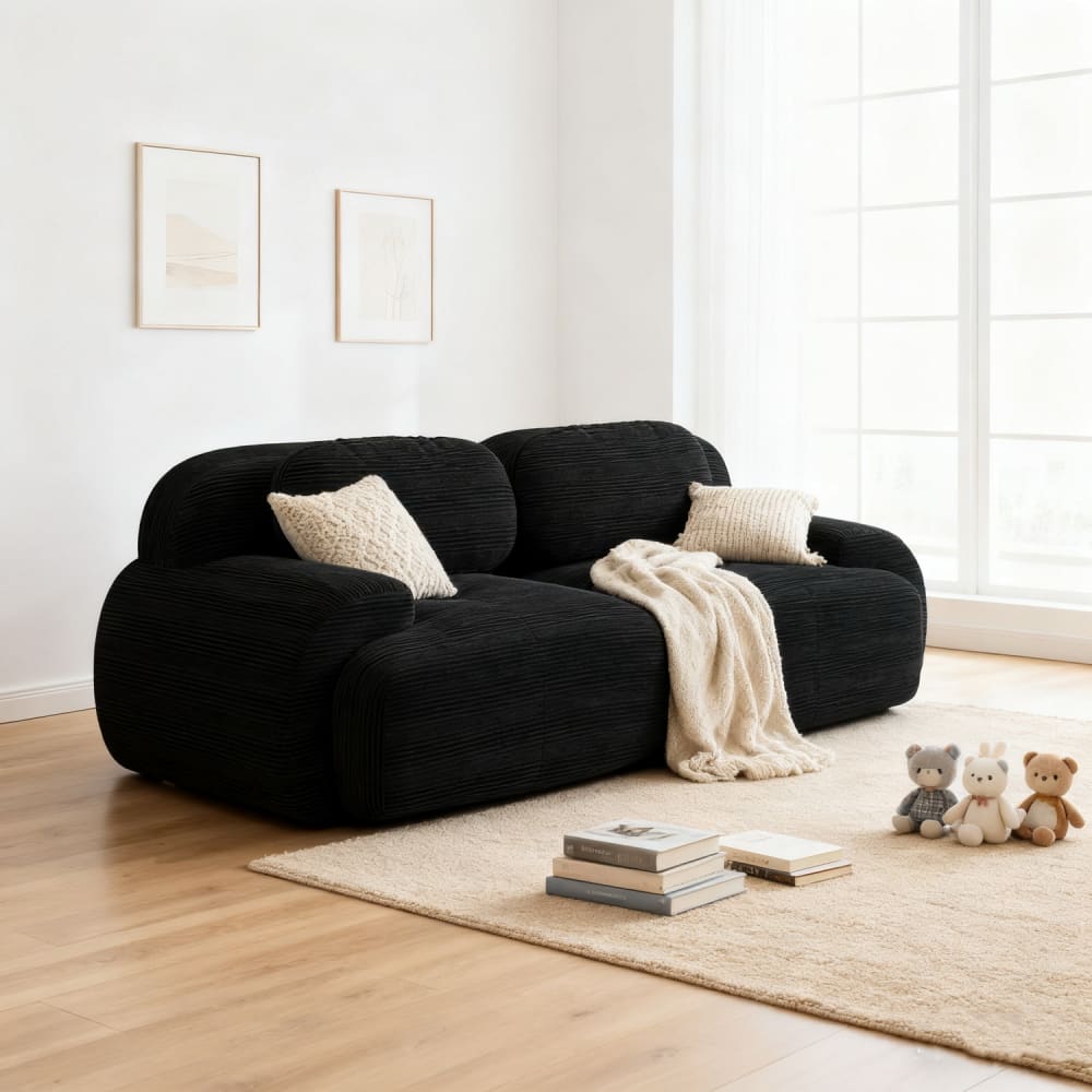 Meubles Cosy Canapé modulable 2 places, accoudoirs, velours côtelé, noir Noir 208x70x103cm