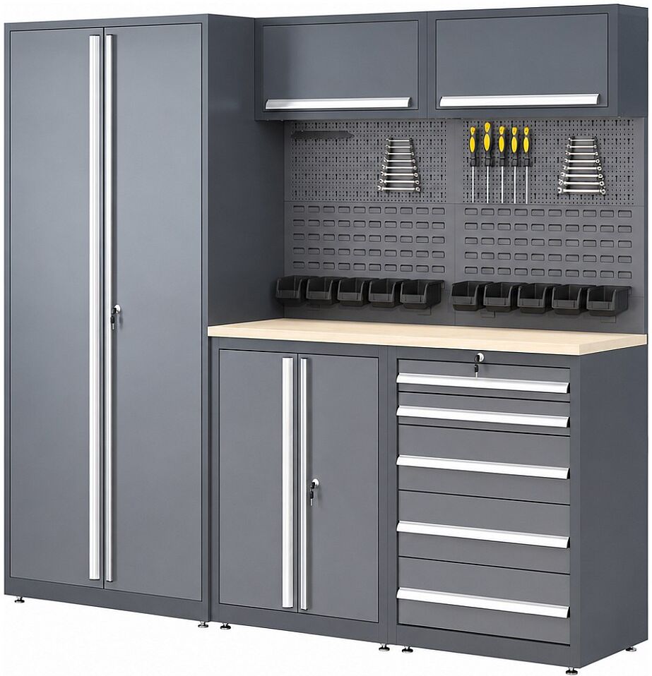 Vente-unique Werkbank aus Holz und Stahl mit Doppelschrank - B240 x T57 x H202 cm - Anthrazitgrau - ATELIOR