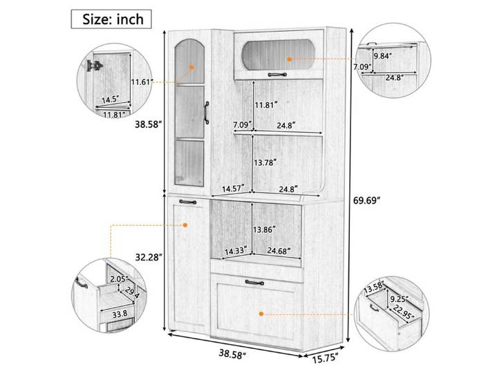 Buffet de cuisine highboard 98 x 40 x 177 cm en MDF décor naturel avec verre strié étagères réglables et tiroir