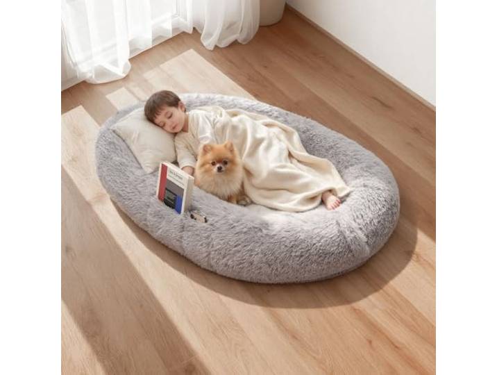 VEVOR Lit pour Chien Humain 132x86x24 cm Panier Géant pour Chien en Mousse à Mémoire de Forme Orthopédique avec Poche Latérale\, Poignée\, Fermeture Éclair\, Housse Amovible\, Lavable en Machine\, Gris