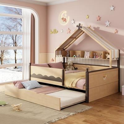 Wooden House Shaped Daybed with Built In Bookshelf