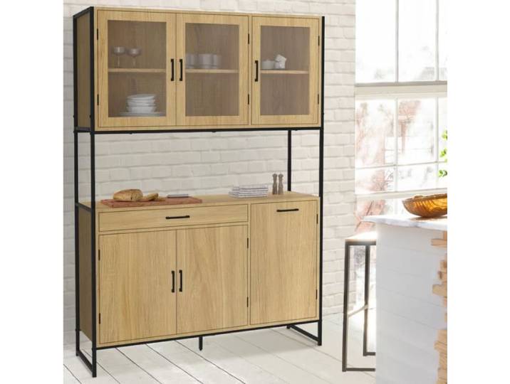 IDMARKET Buffet de cuisine vitré 120 CM DETROIT meuble vaisselier 6 portes design industriel + tiroir