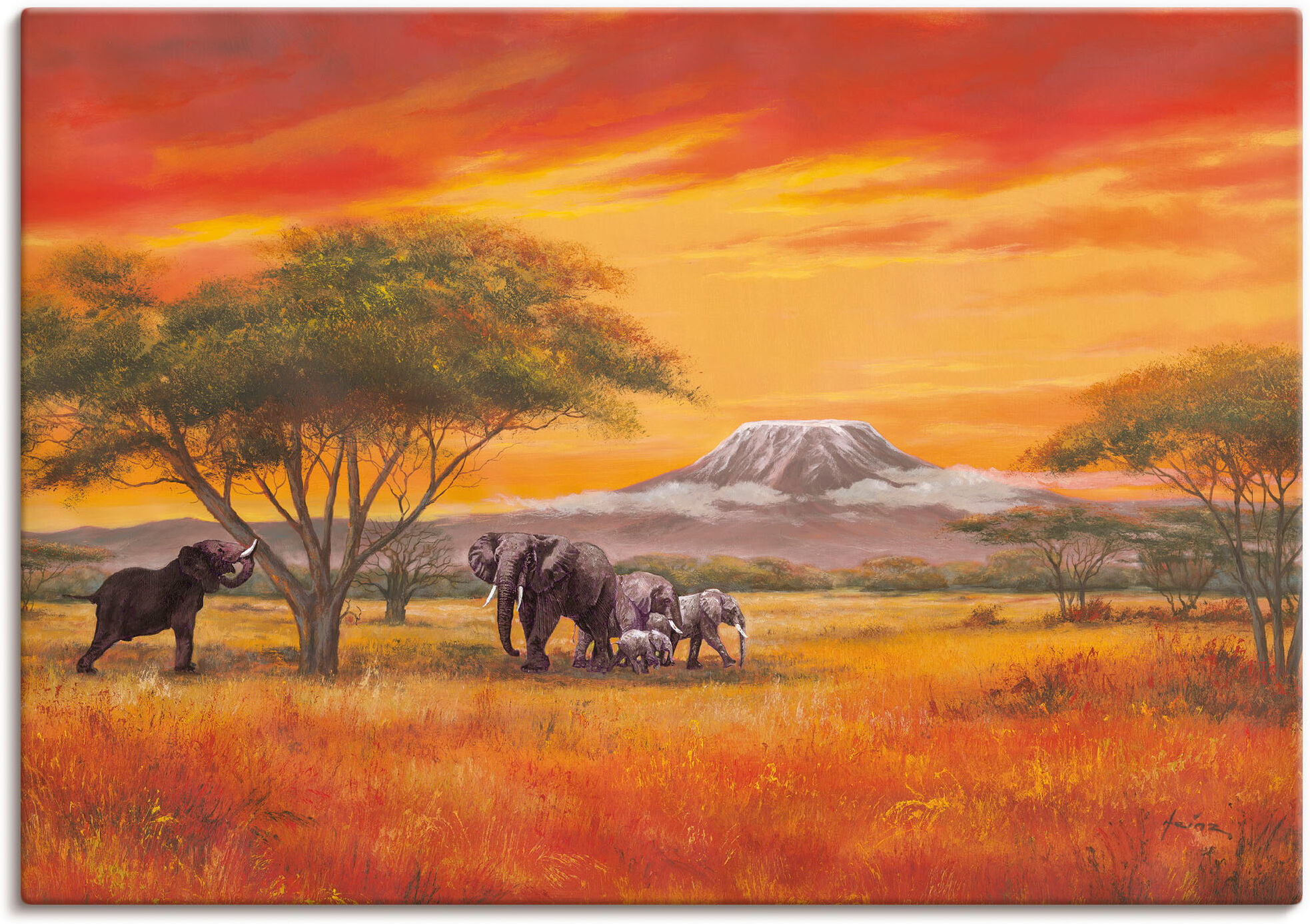 Leinwandbild ARTLAND "Elefanten", orange (farbe bild(er): orange), B:100cm H:50cm, Bilder, Leinwandbild, auf Holzrahmen gespannt farbe bild(er): orange B/H/T: 100cm x 50cm, Leinwandbild Elefanten Bilder Querformat, 1 Stk.