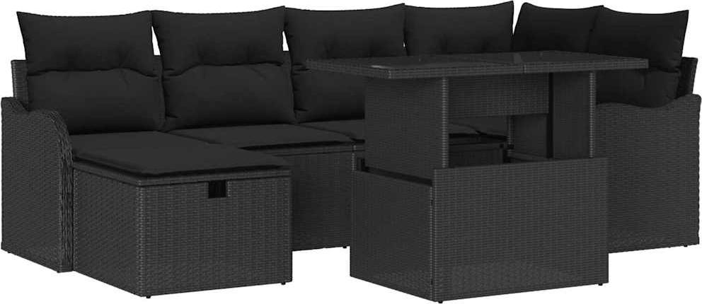 Modulares Garten-Sofa-Set, Outdoor Lounge mit höhenverstellbarem Tisch, Poly Rattan, UV-beständig, 6 Sitzplätze, 7-teilig, Schwarz