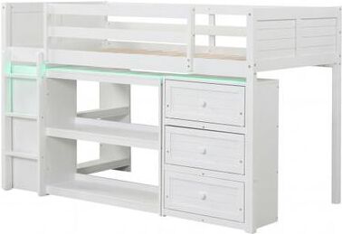 Costway Twin Size Loft Bed with LED Lights and Underbed Space for Kids-White