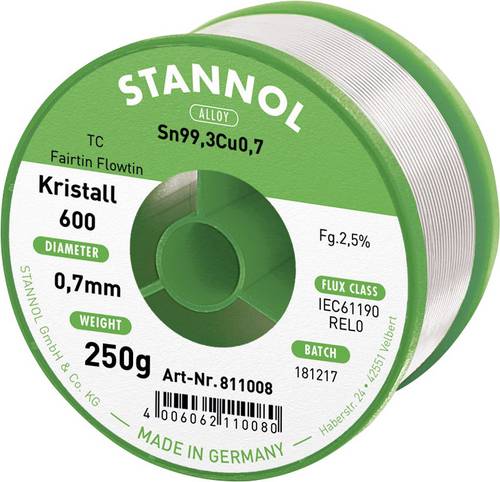 Stannol Kristall 600 Fairtin Lötzinn, bleifrei bleifrei Sn99,3Cu0,7 REL0 250g 0.7mm