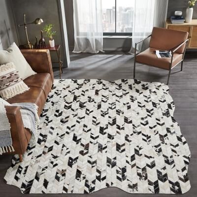 KALATY Pelle Leather Mosaic Chevron Abstract-Edged Area Rug