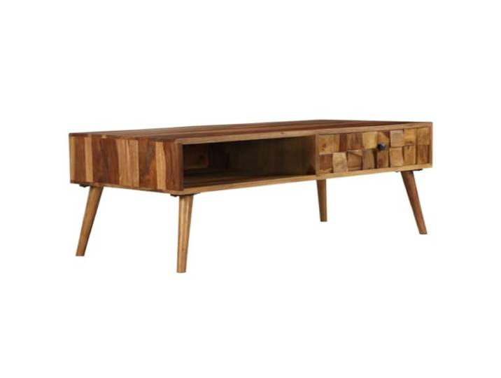 HEFZGDB Couchtisch Massivholz Akazie Honigbraun 110x50x37 cm mit Fach und Schublade, Beistelltisch aus Akazienholz mit Vintage-Charme und Mid-Century Design, Stabiler Ablagetisch