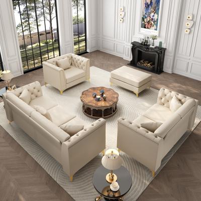 GDFStudio - Multi-Size Faux Leather 6-Seat Chesterfield Modular Sofa Set with Metal Trim & 6 Pillows