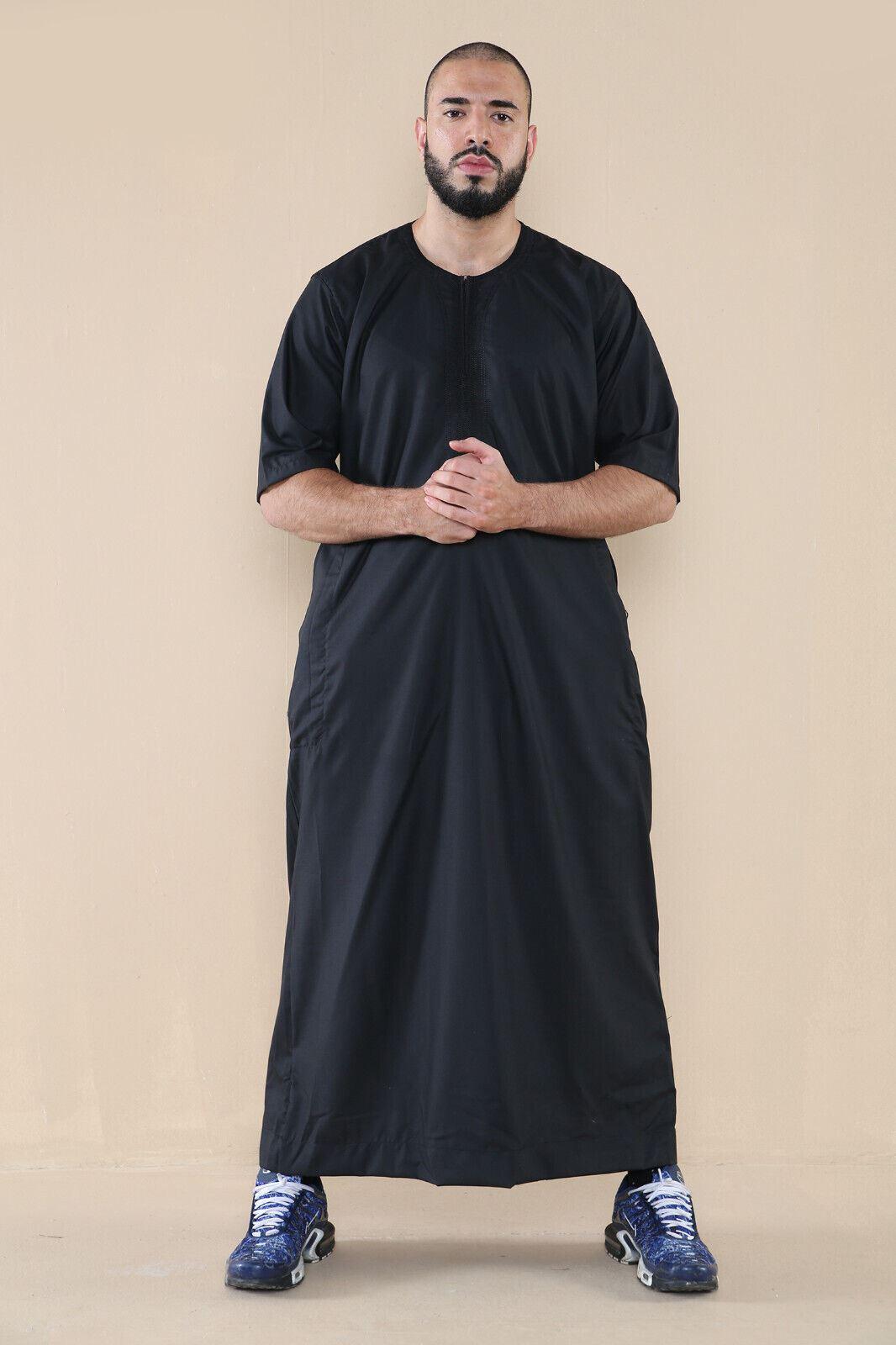 Schwarzer Thobe Jubba für Herren, islamischer arabischer marokkanischer Saudi-Kaftan mit Reißverschluss und arabischer Robe