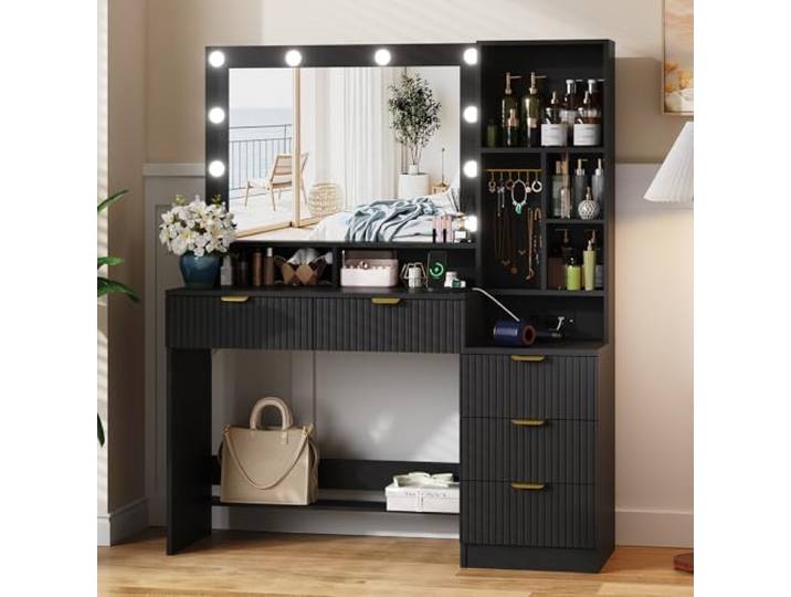 JUMMICO 114cm Großer Schminktisch mit großem Spiegel und LED-Leuchten, Schminktisch mit 5 Schubladen, 7 offene Regale, 7 Häkchen, Kosmetiktisch für Mädchen (Obsidianschwarz, 114×40×149cm)