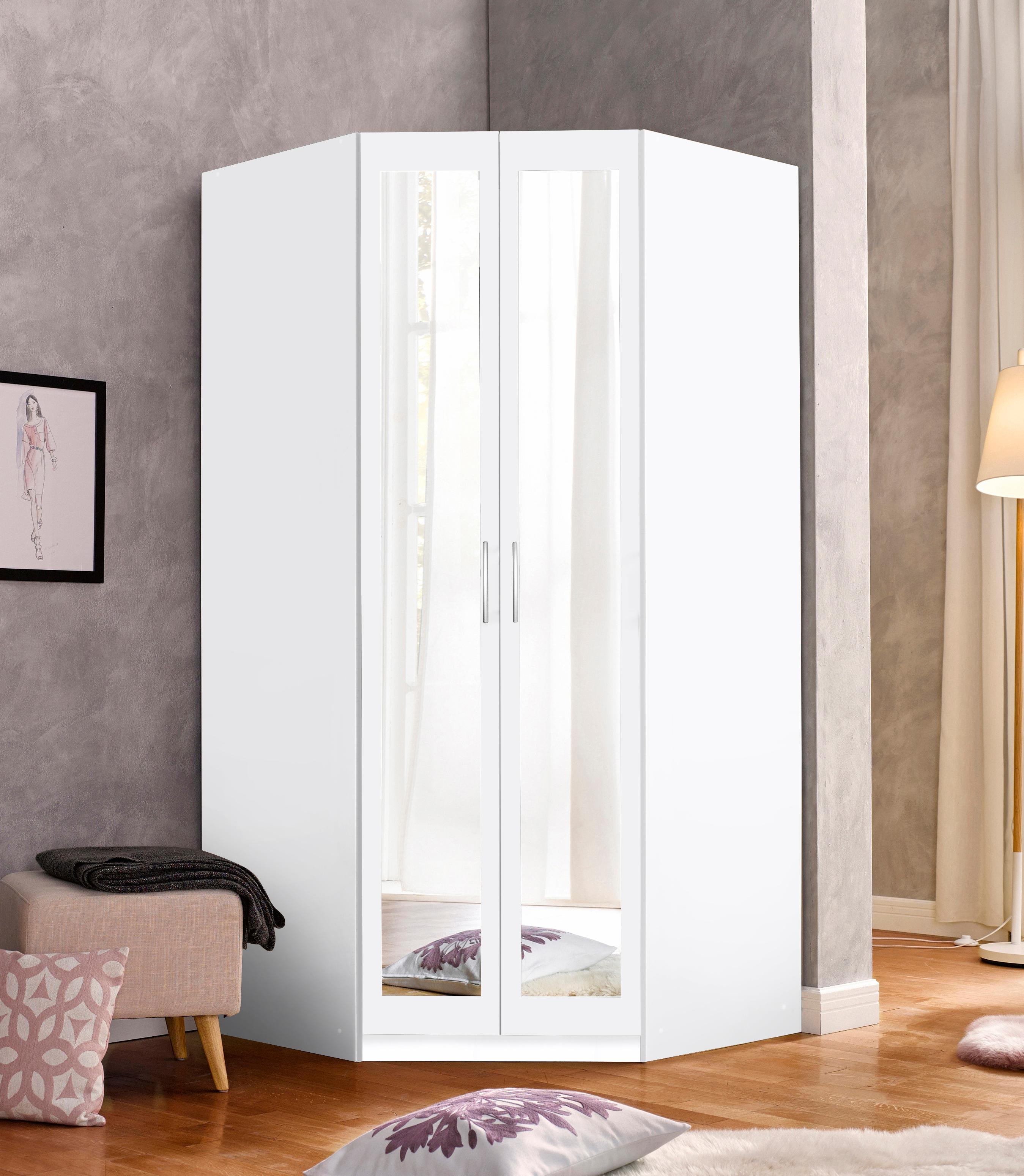 Eckkleiderschrank PRIESS "Husum", weiss (weiß), H:196cm, Schränke, Eckkleiderschrank weiß B/H/T: 196cm,mit Spiegel