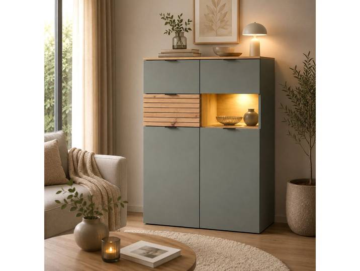 Lomadox Highboard ISCHIA-36, inkl. LED Beleuchtung, Grün mit Eiche, 84 cm breit, Softclose