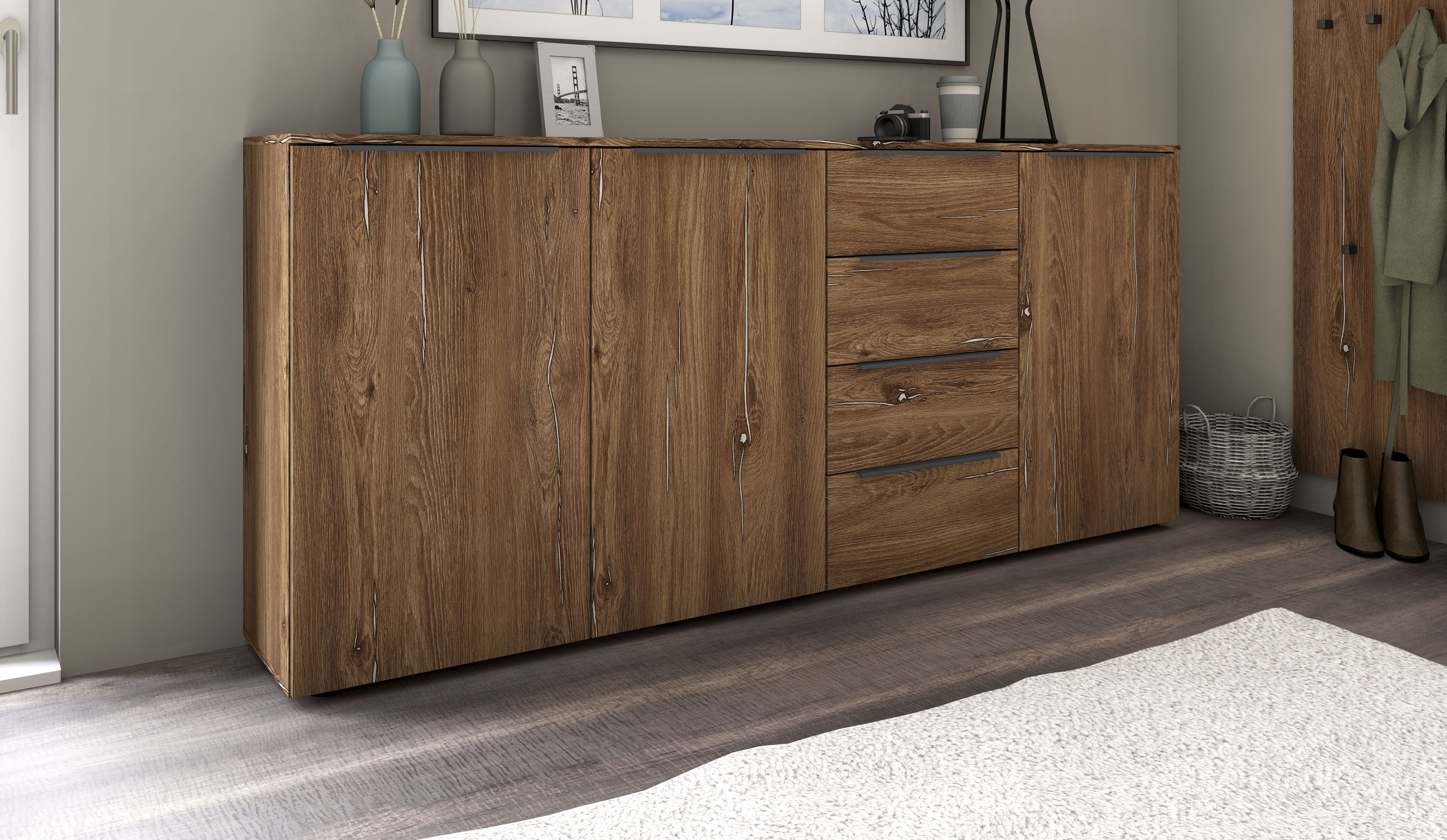 Highboard BORCHARDT MÖBEL "Tom", braun (eichefarben vintage), B:200cm H:93cm T:35cm, Holzwerkstoff, Sideboards, Highboard, Breite 200 cm eichefarben vintage B/H/T: 200cm x 93cm x 35cm