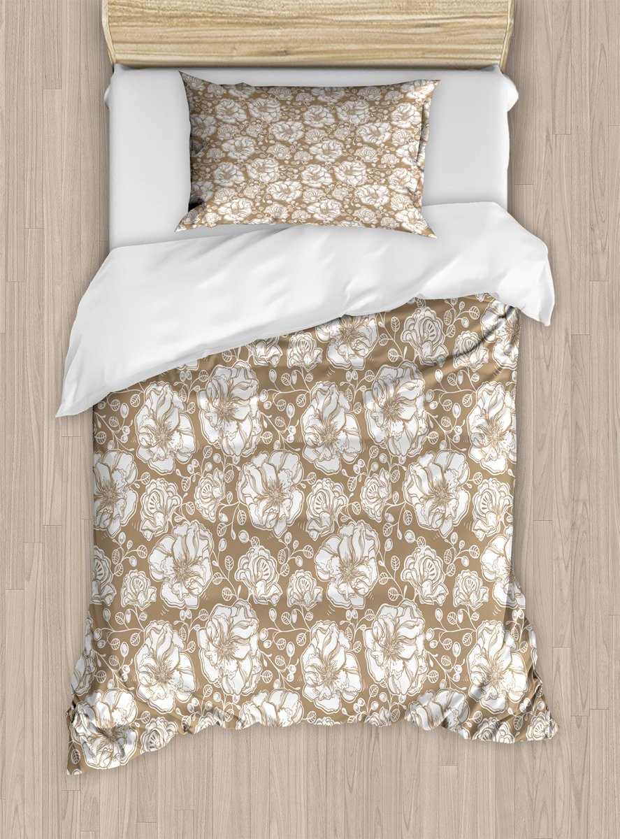 ABAKUHAUS Bloemendekbedovertrek eenpersoons met 1 kussensloop, Camel White, Kussensloop: 50 x 70 cm