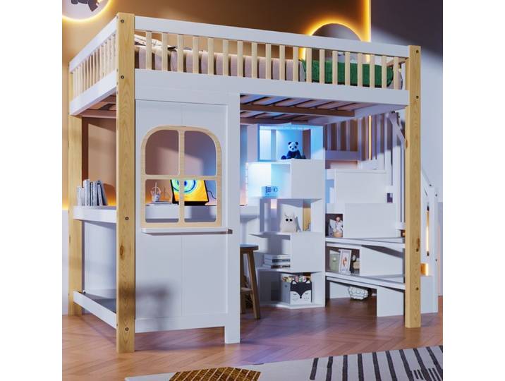 Lit mezzanine - TRUXEN8 - 140x200cm - LED - Blanc+Naturel