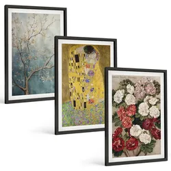 BILDER SET 3er Set - 40x60 cm Schwarzer Rahmen - Blumen des Baumes (Gemälde von Klimt)