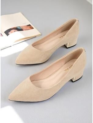 LightInthebox Women's Gray Faux Suede Block Heel Pumps with Pointed Toe, Low Heels for Office Work, Conferences and Business Travel