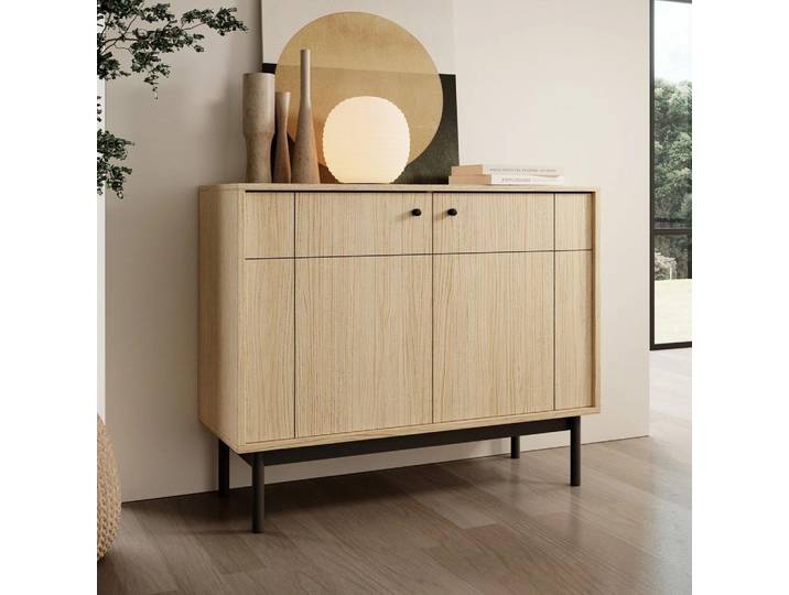 Kommode SORA K2D Gefräste Front Eiche Linea auf Schwarzen Holzfüßen Schrank Sideboard