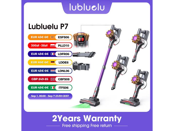 Aspirateur sans fil portable Lubluelu P7 35 kPa, 300 W, aspiration puissante pour poils d'animaux et nettoyage de tapis, nettoyage domestique