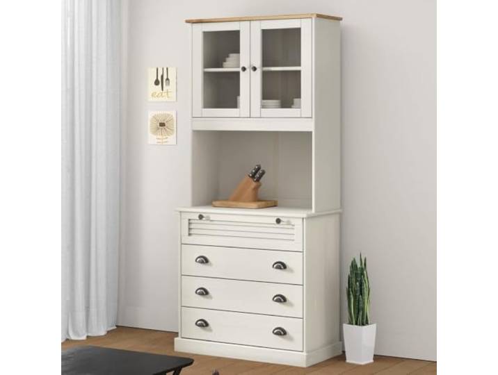 Rustikales Kiefernholz Highboard Wohnzimmer Elegantes Highboard mit Glas Türen mit Schubladen und Glasfronten Kiefer Massivholz Stauraum in Weiß 80x40x176 cm