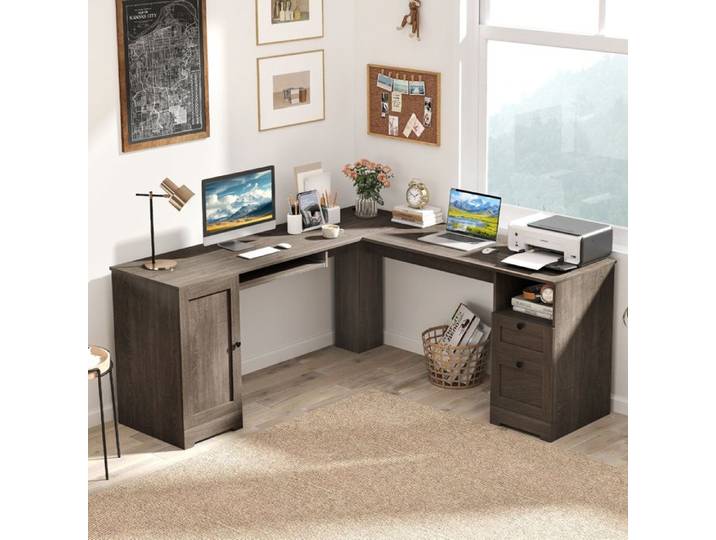COSTWAY Bureau Informatique en Forme L Table d'Ordinateur d'Angle avec Tiroirs Armoire et Plateau pour Clavier 168x168x76cm