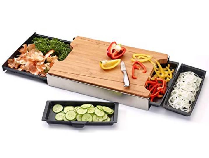 Schneidbox Bambus - Schneidebrett Mit 4 Auffangschalen Im Edelstahlkasten - Patentiertes Trennsystem - Made In Germany - 46 x 30 x 7 cm