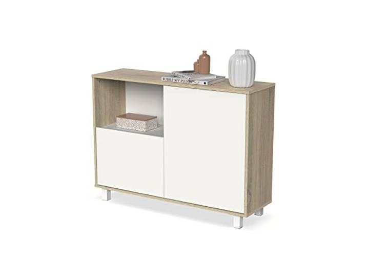Muebles Pitarch Sideboard für Wohn- und Esszimmer, Buffet, Möbelstück, 2 Türen und 1 Fach, mit Beinen, Weiß und Eiche Cambrian, 82,5x112x33cm, Moderner Eingangsbereich, Tibet Kollektion