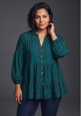 Plus Size Women's Flora Blouson Tiered Tunic by Avenue in Mystic Pine Feather (Size 20)