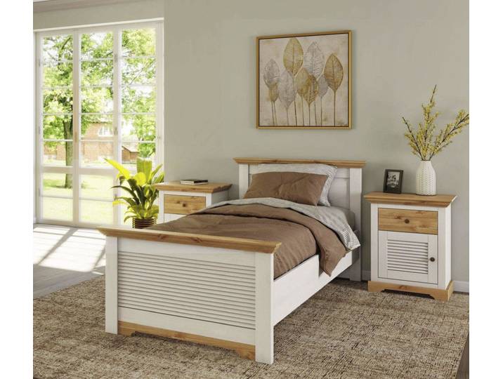 Bett GOODPRODUCT Rauna, Landhausstil, edles Design mit Lamellen und Kassetten, 2 Farben , weiss (weiß, honig, weiß, honig, weiß, honig), B:105cm H:85cm L:206cm, Betten, Bett, FSC zertifiziertes Kieferholz, massive Qualität mit Lattenrost