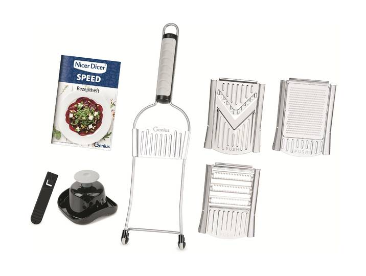 Küchenreibe GENIUS Nicer Dicer Speed Set 7-teilig , silber (silberfarben), Edelstahl, Küchenreiben, Küchenreibe