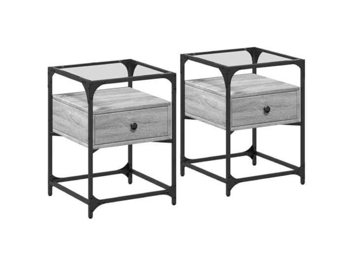Fisinber Nachttisch 2er Set Grau Sonoma 40x40x55 cm Beistelltisch Glas Moderner Beistelltisch für Schlafzimmer und Wohnzimmer mit Glasplatte, Ablagefach und robustem Stahlgestell.