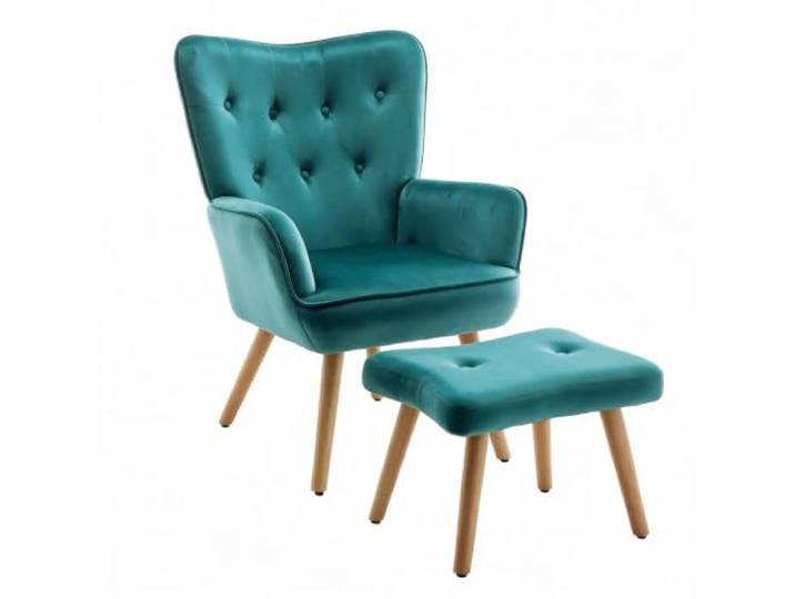 HollyHOME Ohrensessel mit Hocker Sessel mit Hocker Sessel Wohnzimmer & Schlafzimmer Samt Relaxsessel Lesesessel Lounge Sessels Armlehnensessel, Pfauengrün