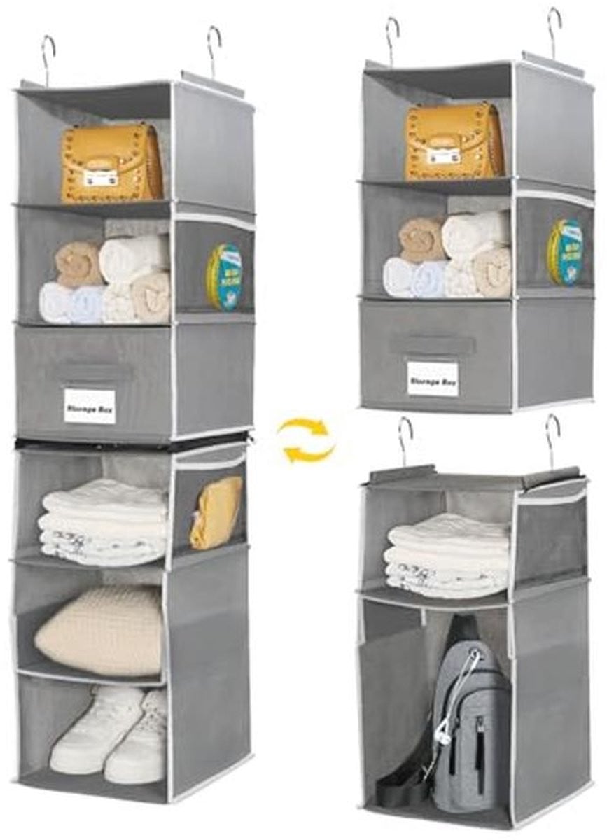 Hanging Wardrobe Organizer met 6 Planken en 2 Verwijderbare Lades - Grijs - B/D/H: 30 x 30 x 110 cm