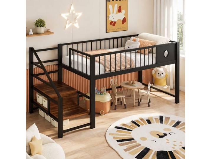 Lit Surélevé Enfant 90x200 Noir - Métal Stable & Placard