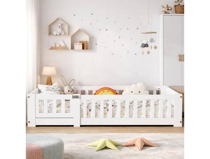 Lit inspiration Montessori 120x200 Lit au Sol Lit Enfant au Sol avec Barriere Bois Pin pour Chambre de Garçons Filles Blanc
