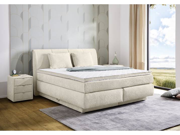 Boxspringbett, Flachgewebe, Beige, 180×200 cm, Mit Bettkasten, Modern, Jockenhöfer
