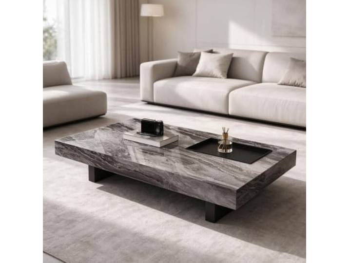YHTCSXMD Moderner Couchtisch mit Steinplatte, Minimalistisches Design 10cm Steinplatte mit Teetablett, Wohnzimmertisch moderner Stil, Metallgestell mit Bürstefinish, für Wohnzimmer