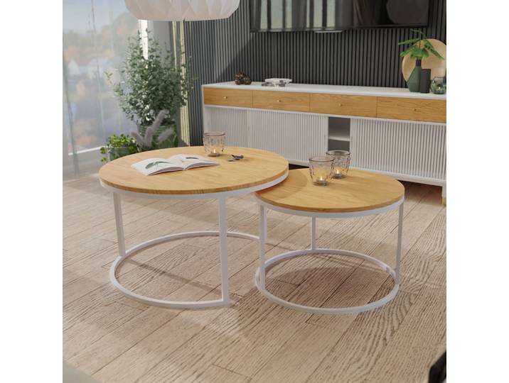 Table basse ronde 2en1 Lavo avec piètement métallique Artisan Softisch Set 2er Table basse d'appoint Design moderne Set 2er Couleur : Blanc / Artisan Softisch