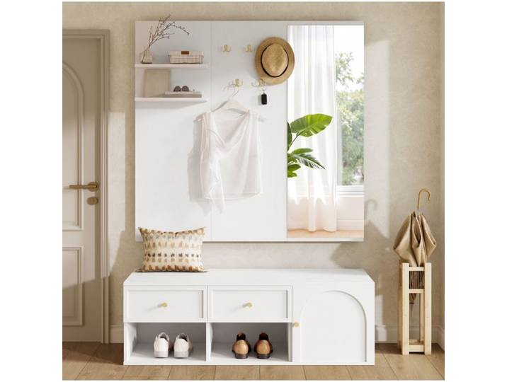 ROVRYN Ensemble vestiaire d'entrée blanc 120 x 35 x 159 cm avec miroir 5 patères et 2 tiroirs