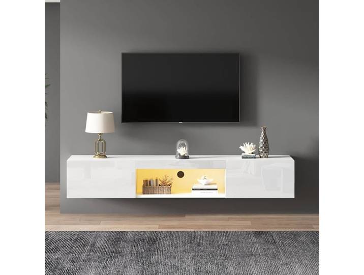 Meuble TV Blanc et Bois avec LED Meuble TV Suspendu avec 2 Cabinets et 1 Compartiment - Banc TV pour Salon - 160x31x22cm - Blanc