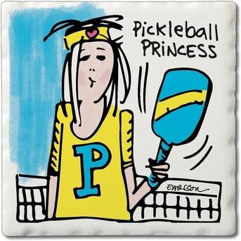 CounterArt "Pickelball Princess 4 Pack Absorbent Stone Coasters with Cork Backing 4"" Square Made in The USA Absorbent Wipes Clean"