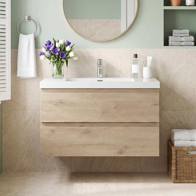 JimsMaison Floating Wall-Mounted Bathroom Vanity, Integrated Resin Basin, Soft-Close Hardware, Fully Pre-Assembled