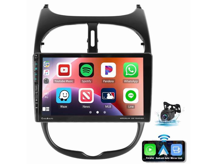 ESSGOO Für Peugeot 206/206CC 2002-2010 Android 15 GPS WIFI Type-C USB Autoradio (RDS, Digitalradio (DAB), FM, AM, Carplay Android Auto Bluetooth EQ USB WIFI Touchscreen SWC)