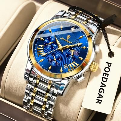 Youfap Market Men's Quartz Watches, Stainless Steel Chronograph, Original Military Waterproof Luminous Date Watch gold Blue