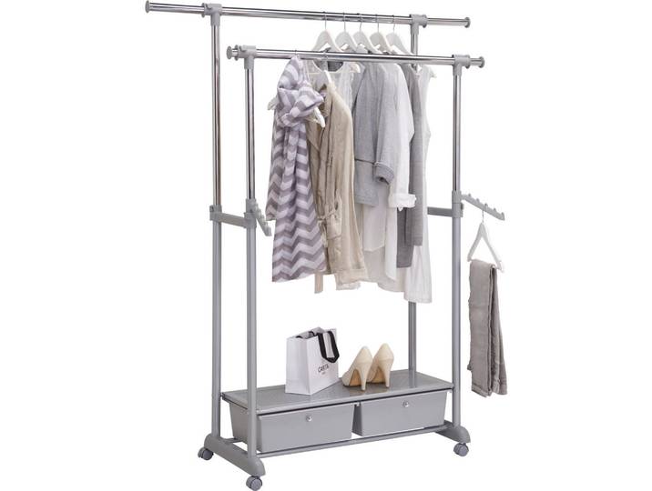 Carryhome Kleiderwagen, Grau, Chromfarben, Metall, Kunststoff, 92-143x116-176x44 cm, Schubladen, Schlafzimmer, Kleiderständer